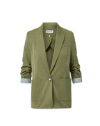 Veronica Beard Olive green jacket with ruched sleeves and patch pockets.