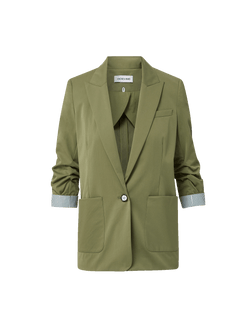 Veronica Beard Olive green jacket with ruched sleeves and patch pockets.
