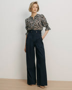 Veronica Beard Navy wide-leg pleated pants with button details.