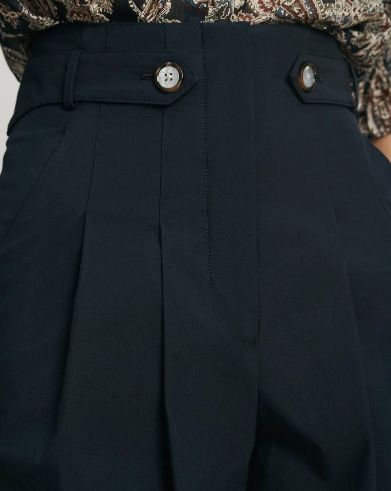 Veronica Beard Navy pleated wide-leg pants with button details.