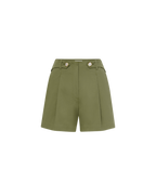 Veronica Beard Olive green pleated shorts with gold buttons.