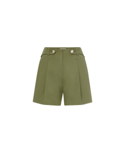 Veronica Beard Olive green pleated shorts with gold buttons.