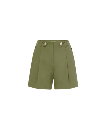 Veronica Beard Olive green pleated shorts with button details.