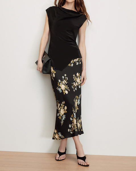 Veronica Beard Black cowl neck top, floral midi skirt, black heels