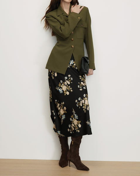 Veronica Beard Olive green blazer, black floral midi skirt, brown boots.