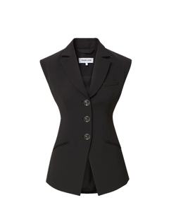 Veronica Beard Black vest, tailored, with two gold buttons and notched lapels.