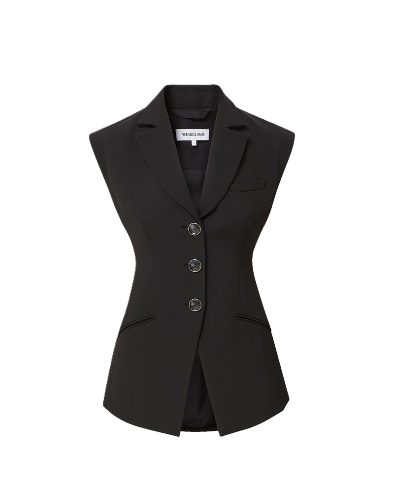 Veronica Beard Black vest, tailored, with two gold buttons and notched lapels.