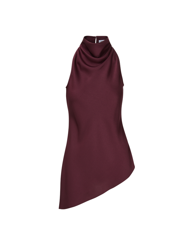 Veronica Beard Burgundy satin cowl neck asymmetrical top