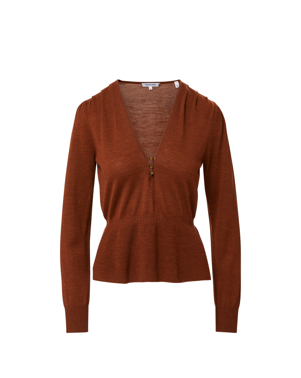 Veronica Beard Brown knit peplum top with V-neck and button detail.