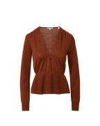 Veronica Beard Brown knit peplum top with V-neck and button detail.