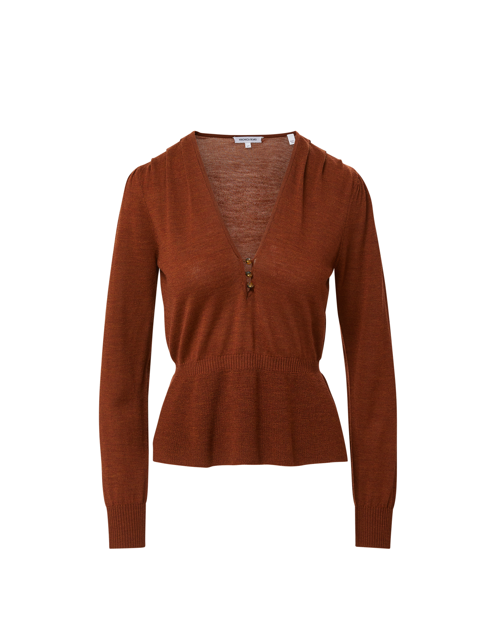 Veronica Beard Brown knit peplum top with V-neck and button detail.