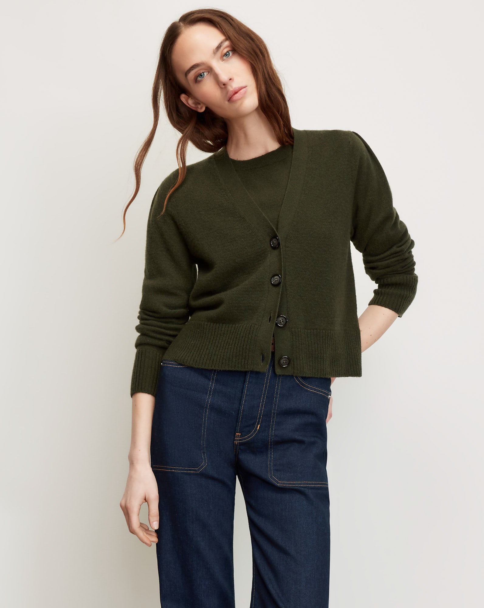 Veronica Beard Olive green cashmere cardigan and matching sweater.