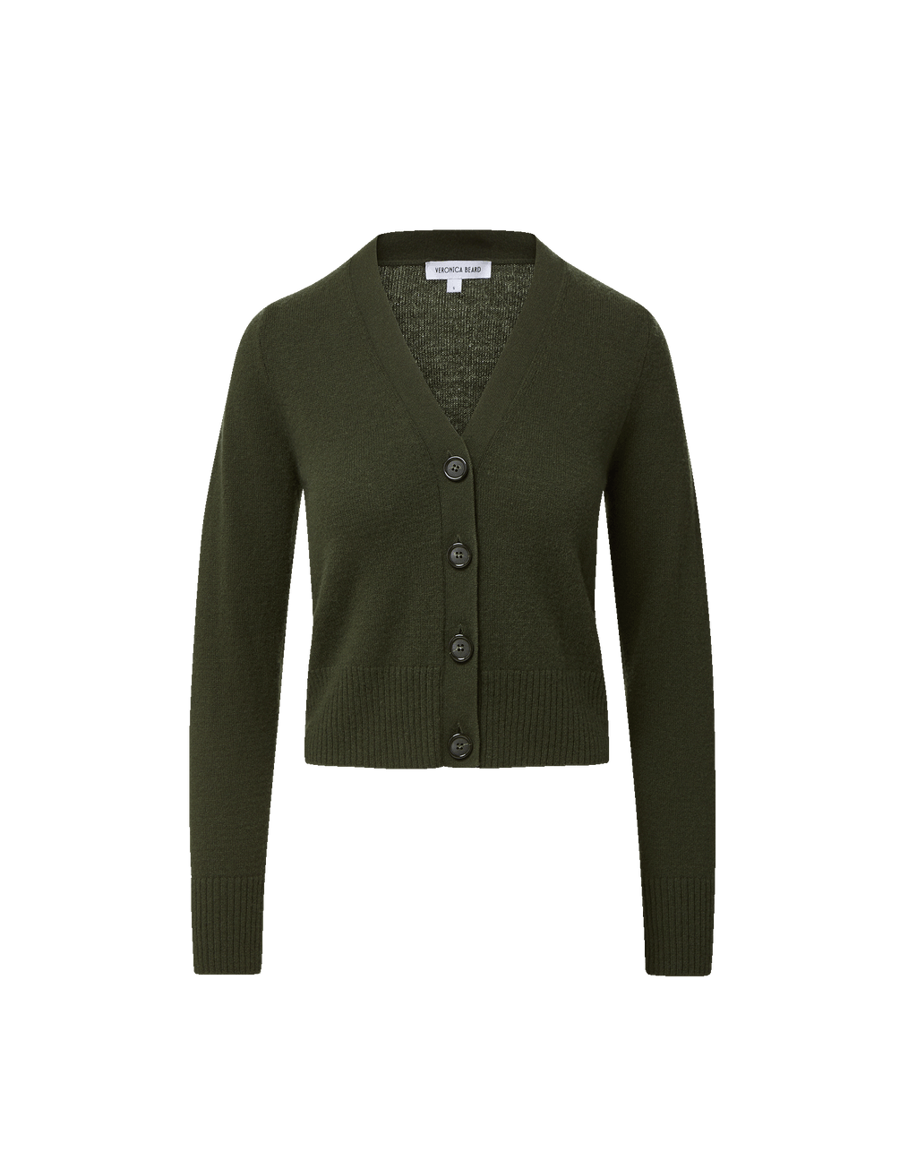 Veronica Beard Olive green knit cardigan with brown buttons.