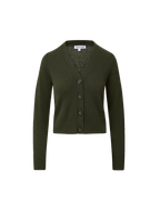 Veronica Beard Olive green knit cardigan with brown buttons.