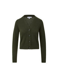 Veronica Beard Olive green knit cardigan with brown buttons.