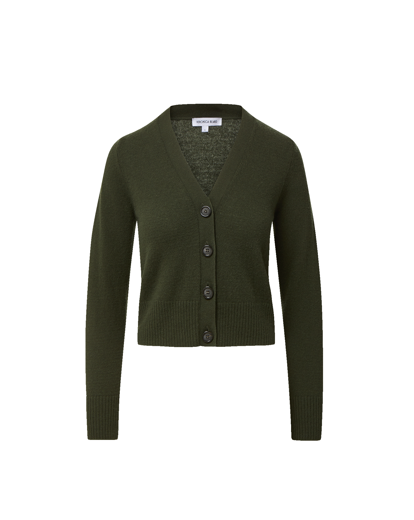 Veronica Beard Olive green knit cardigan with brown buttons.