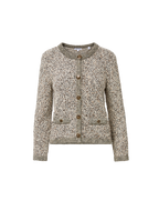 Veronica Beard Mottled knit cardigan with brown buttons and pockets.