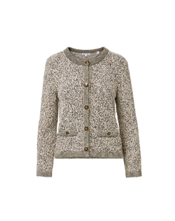 Veronica Beard Mottled knit cardigan with brown buttons and pockets.
