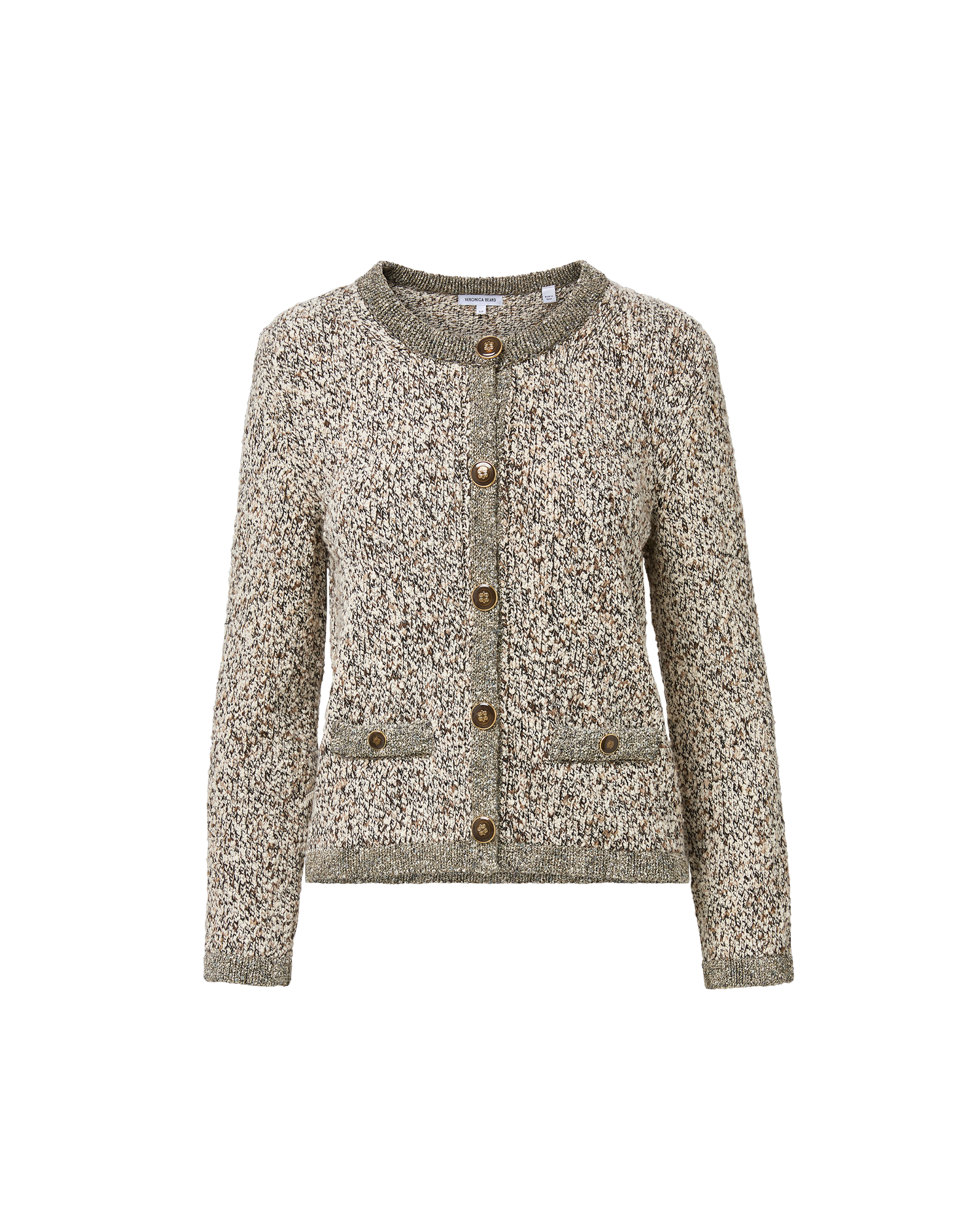 Veronica Beard Mottled knit cardigan with brown buttons and pockets.