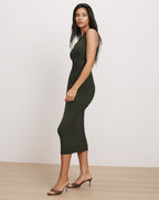 Veronica Beard Dark green knit midi dress with sleeveless design.
