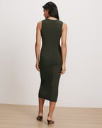 Veronica Beard Olive green knit midi dress with textured pattern.