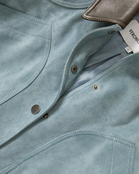 Veronica Beard Light blue suede jacket with brown leather collar.