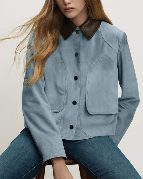 Veronica Beard Blue suede jacket with brown collar.