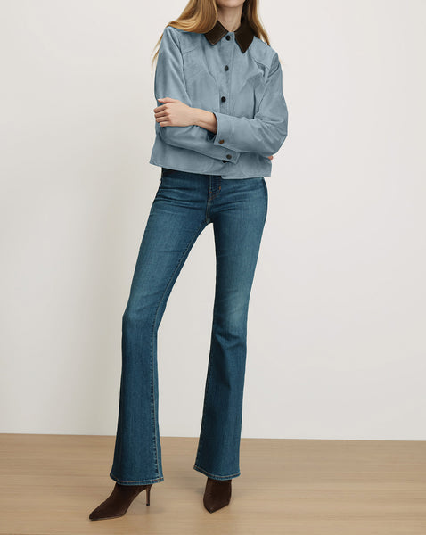 Veronica Beard Light blue suede jacket, dark wash flare jeans