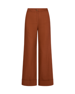 Veronica Beard Brown wide-leg cuffed pants with button closure.
