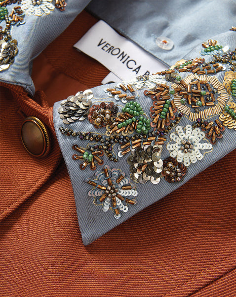 Veronica Beard Brown jacket with embroidered blue collar