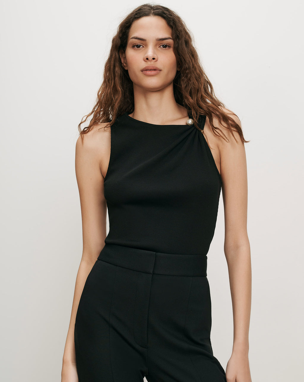 Veronica Beard Black ribbed knit tank top with pearl detail.