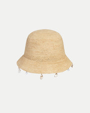 Veronica Beard Straw bucket hat with shell and pearl trim.
