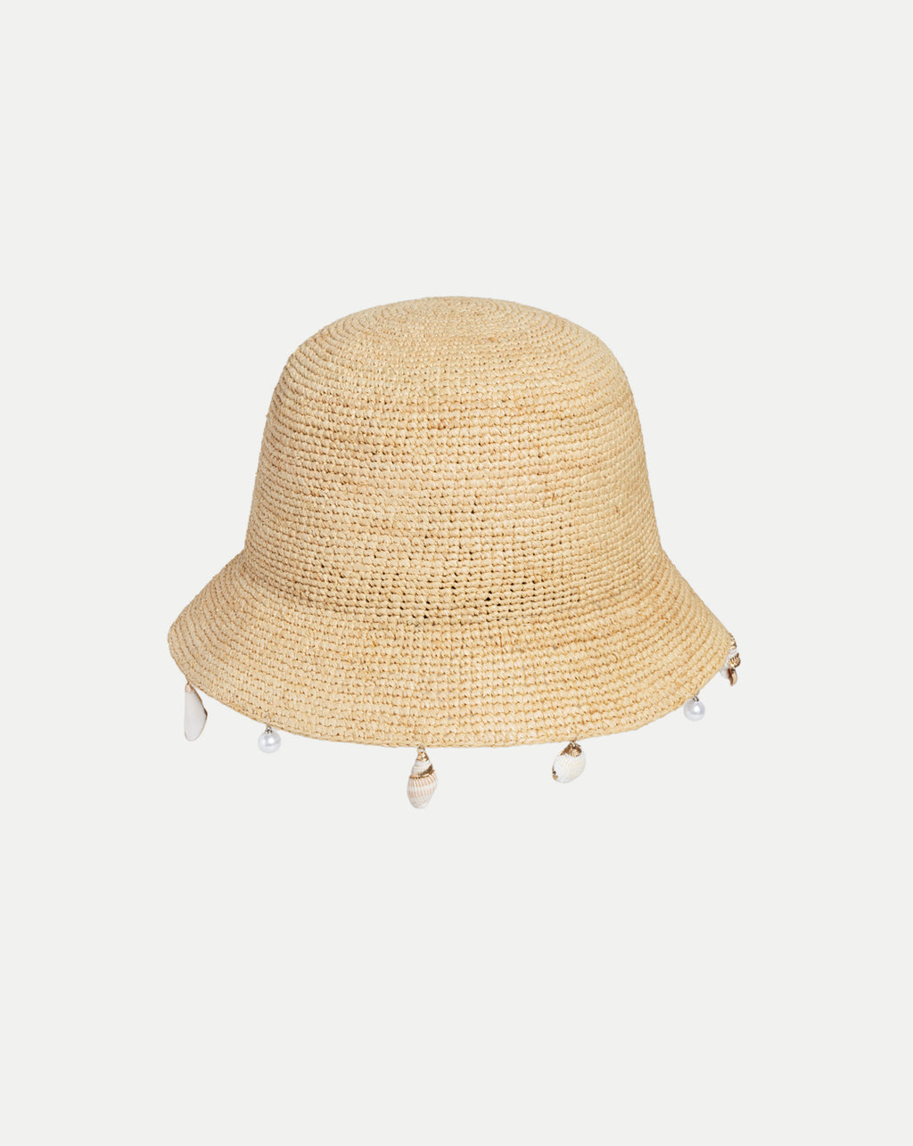 Veronica Beard Straw bucket hat with shell and pearl trim.