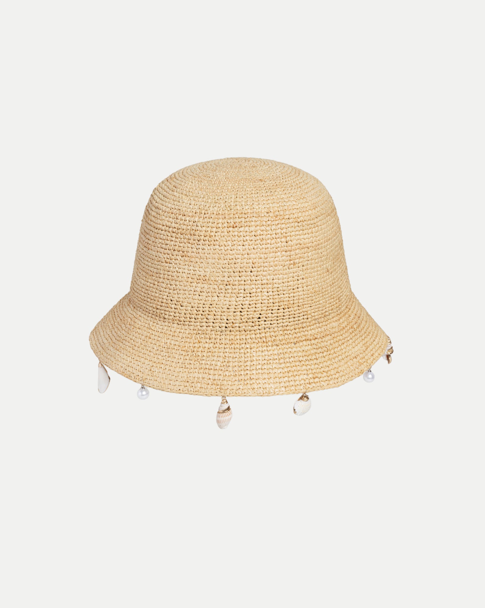 Veronica Beard Straw bucket hat with shell and pearl trim.