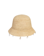 Veronica Beard Straw bucket hat with shell and pearl trim.