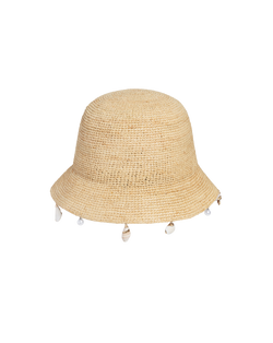 Veronica Beard Straw bucket hat with shell and pearl trim.