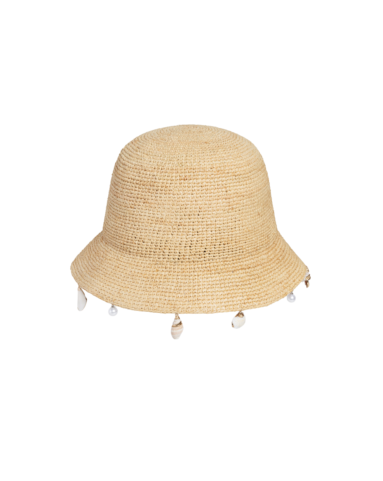 Veronica Beard Straw bucket hat with shell and pearl trim.