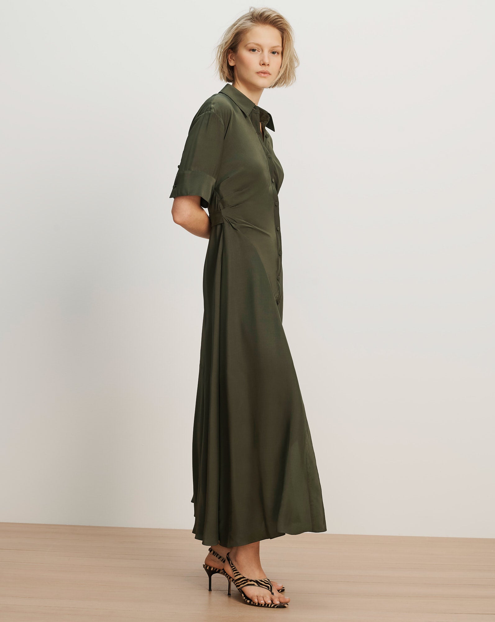 olive green maxi dress with sleeves Long Ruffle Sleeve line skirt that boasts flouncy pleated tiers as it cascades down to a sweeping maxi hem Elegant Olive Green Lace &