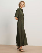 Veronica Beard Olive green midi shirt dress with cuffed sleeves.