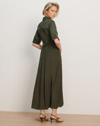 Veronica Beard Olive green midi shirt dress with belted waist.