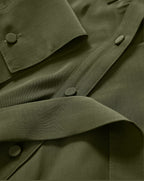 Veronica Beard Olive green midi shirt dress with cuffed sleeves.