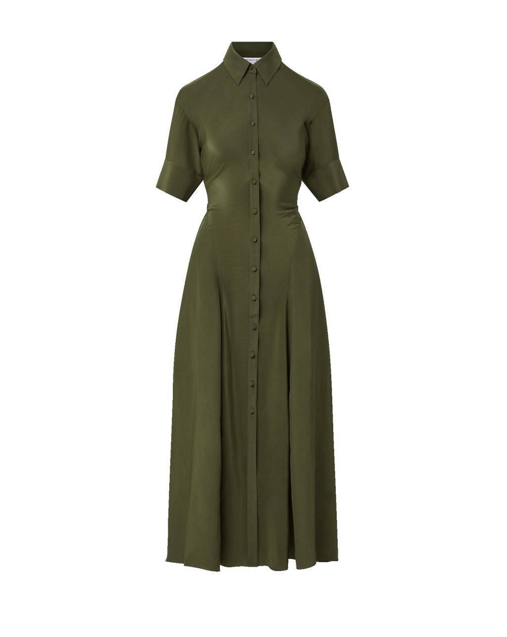 Veronica Beard Olive green midi shirt dress with cuffed sleeves.