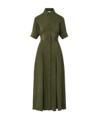 Veronica Beard Olive green midi shirt dress with cuffed sleeves.