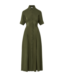Veronica Beard Olive green midi shirt dress with cuffed sleeves.