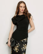 Veronica Beard Black satin draped cowl neck top with asymmetric