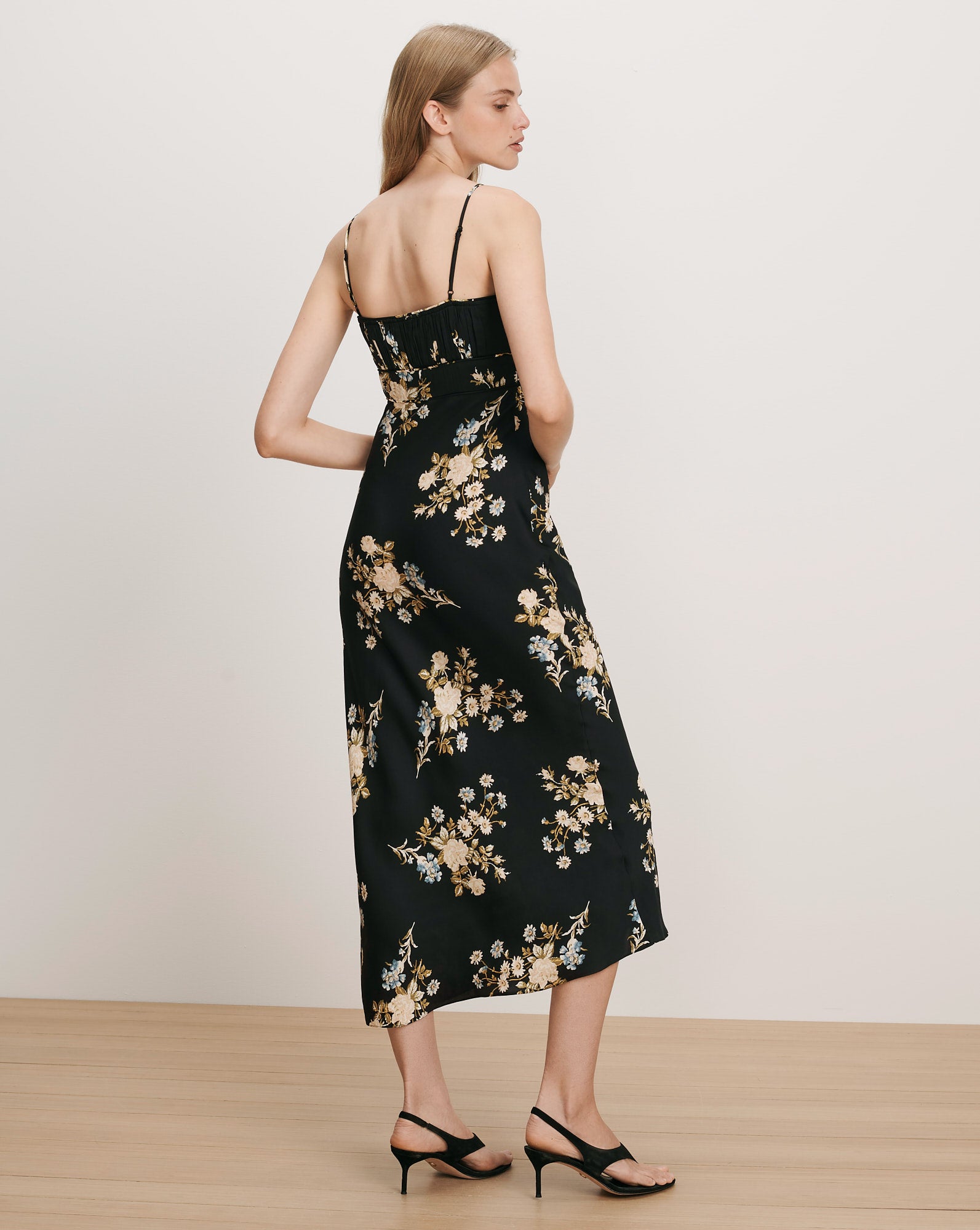 black floral midi slip dress Black Floral Zipper Slip Midi Dress