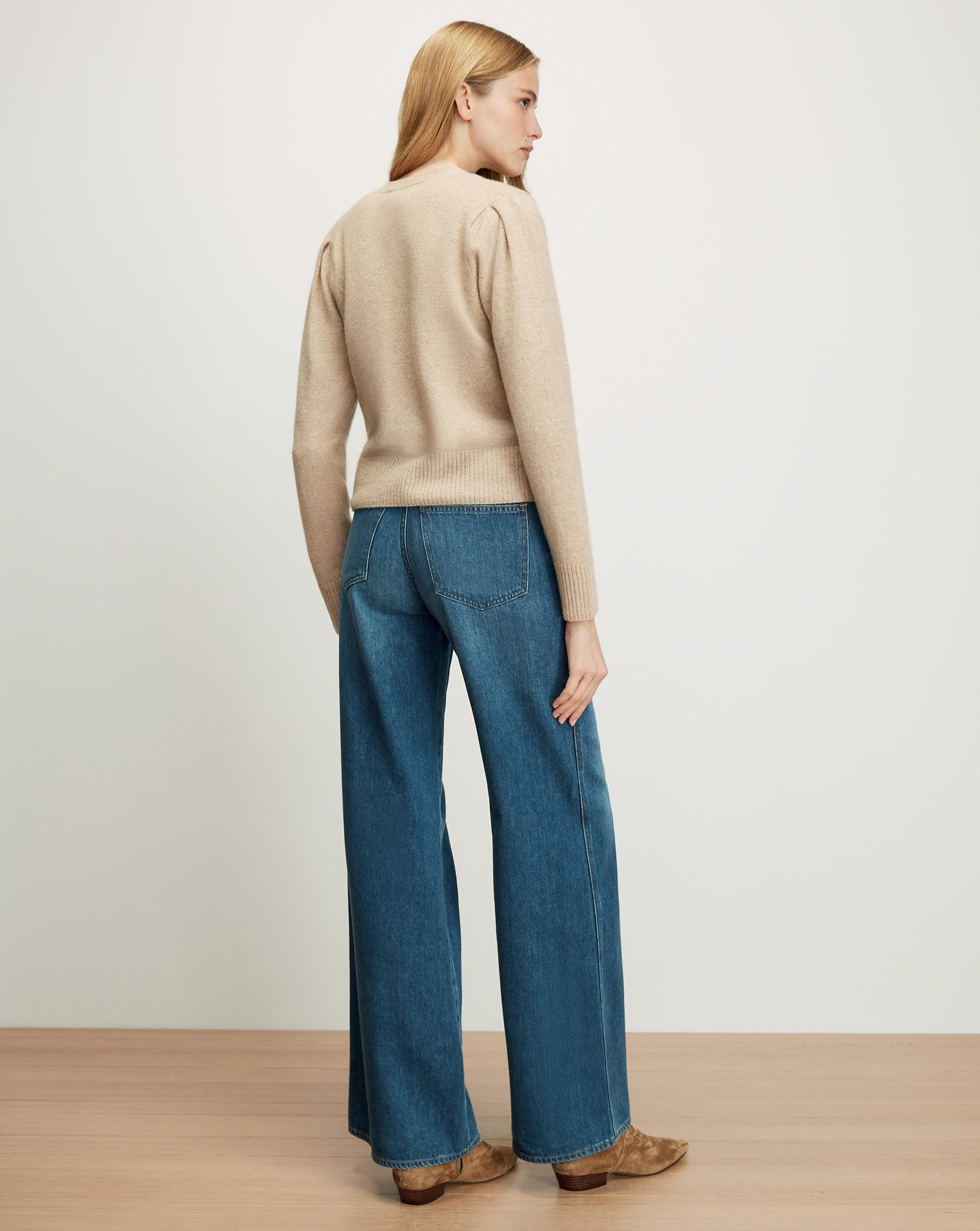 Veronica Beard Beige knit sweater with puff sleeves and wide-leg