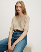 Veronica Beard Beige short-sleeve knit top with a crew neck.