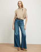 Veronica Beard Beige knit top with attached scarf, blue wide-leg