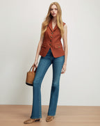 Veronica Beard Brown sleeveless blazer with gold buttons and blue